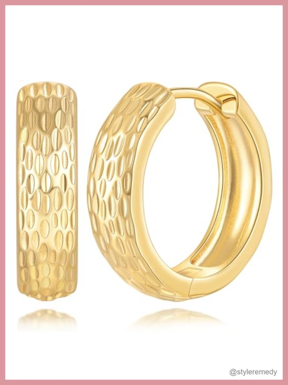 14K Gold Plated Chunky Hoop Earrings Textured Hinged 20mm Women